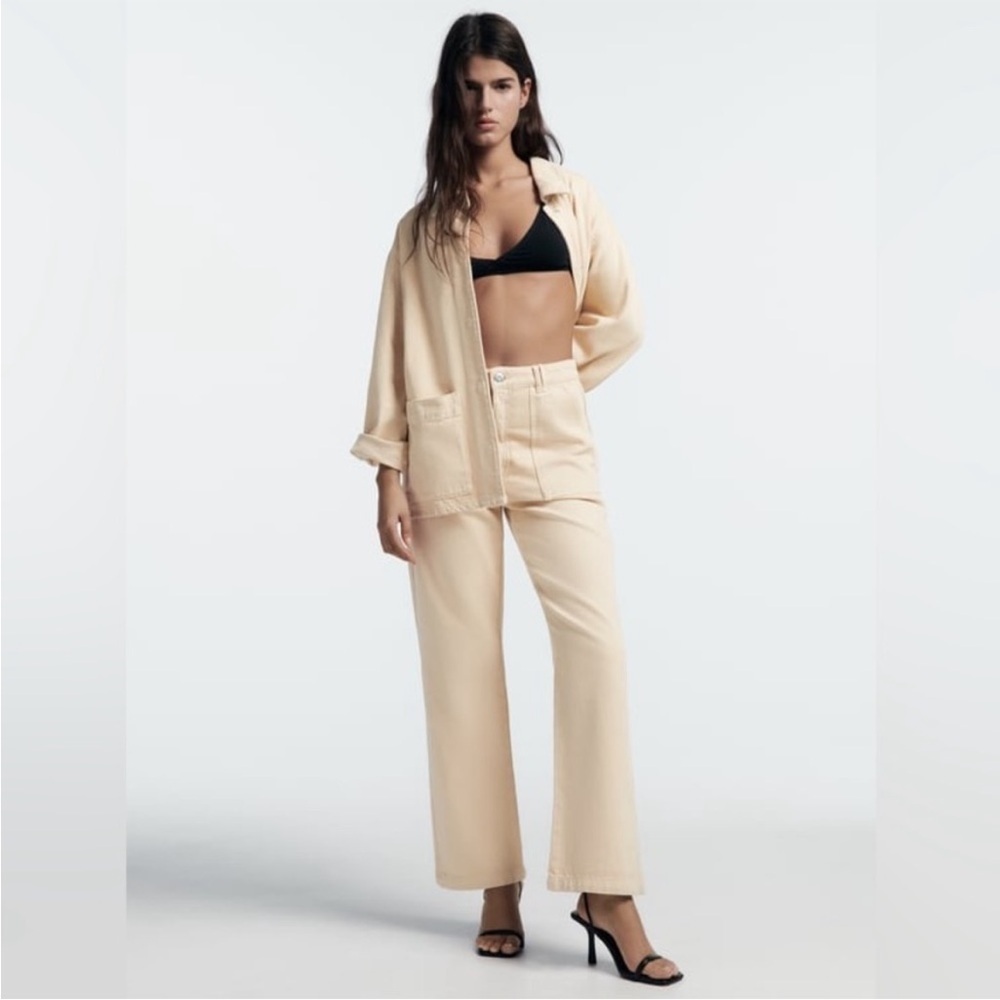 Zara Wide Leg Pants with Front Patch Pockets in Cream/Ecru Size Small